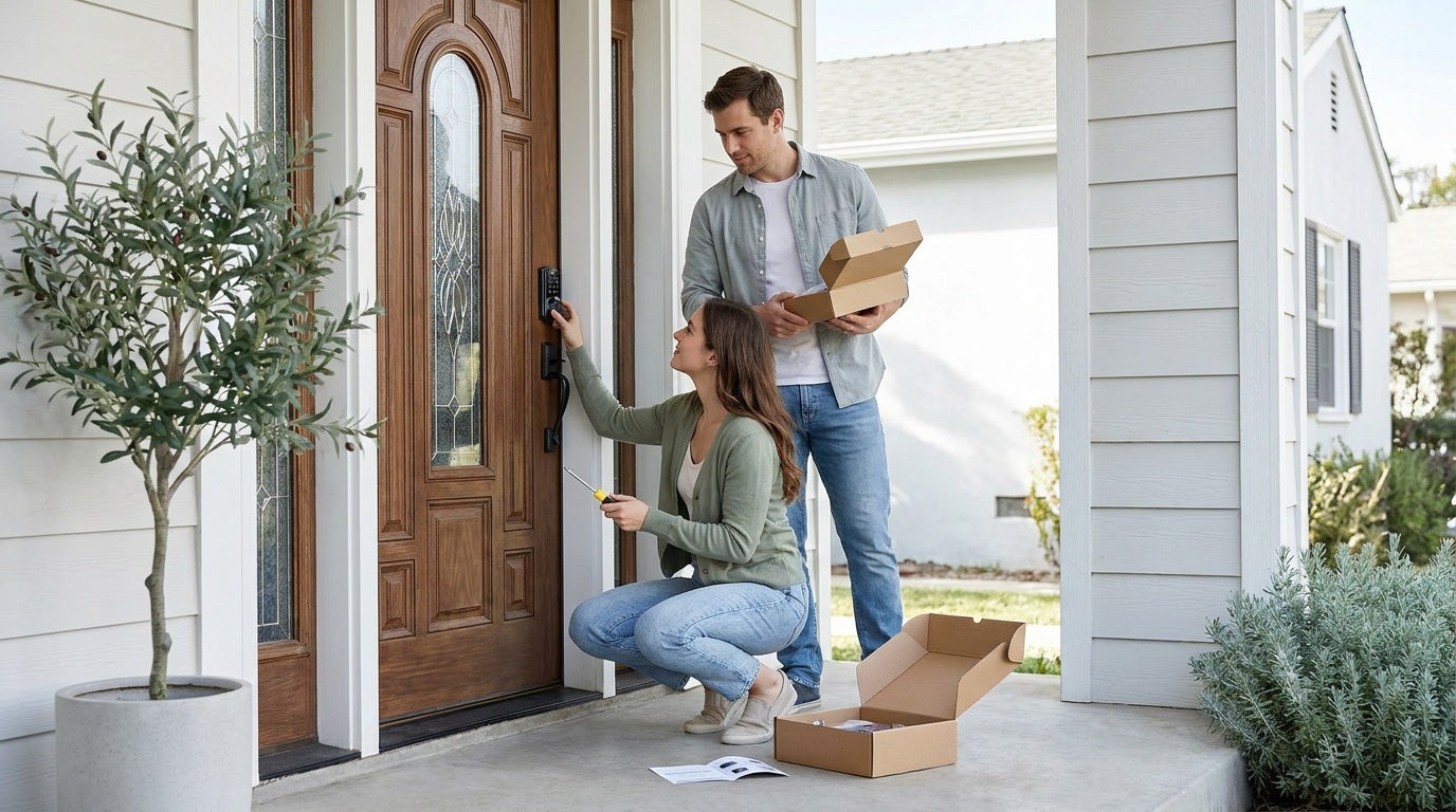 Couple installs electronic deadbolt on walnut front door — DIY install electronic deadbolt step-by-step tutorial