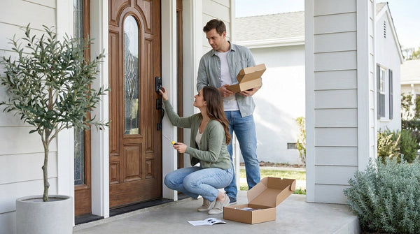 Couple installs electronic deadbolt on walnut front door — DIY install electronic deadbolt step-by-step tutorial