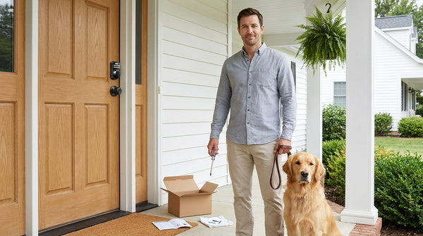 Man with golden retriever beside Veise Wi-Fi smart lock on oak front door — DIY install a smart lock in 15 minutes