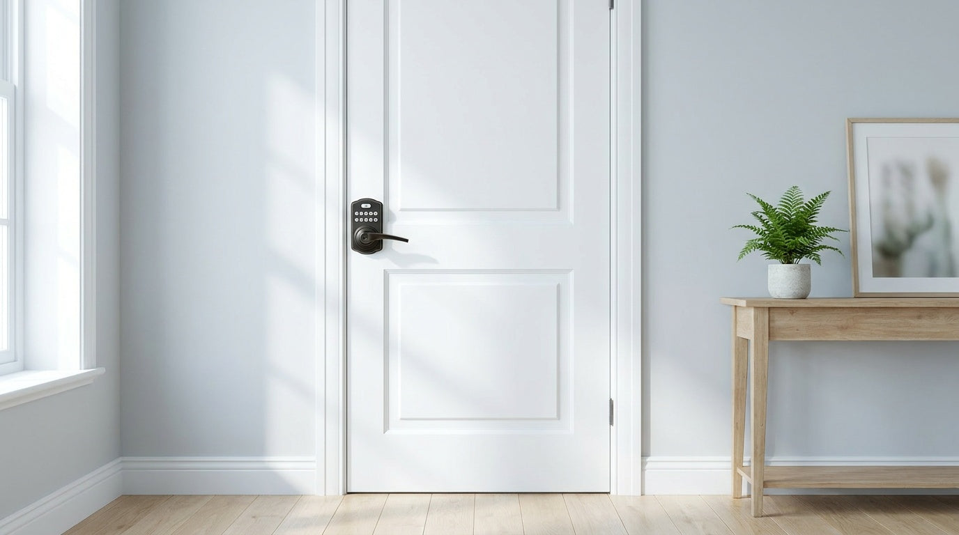 Keypad lever lock on a white interior door — Veise offline keypad door lock for keyless interior room access