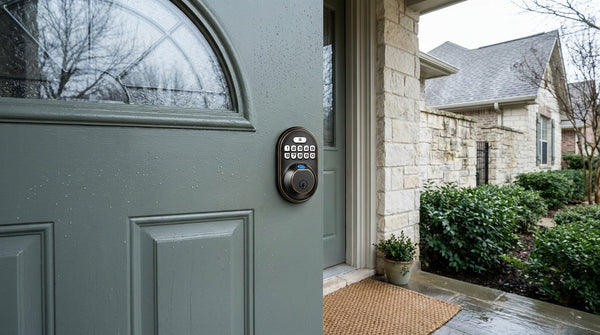 IP65 weatherproof keypad smart lock on a grey-green front door after rain — durable outdoor keyless entry