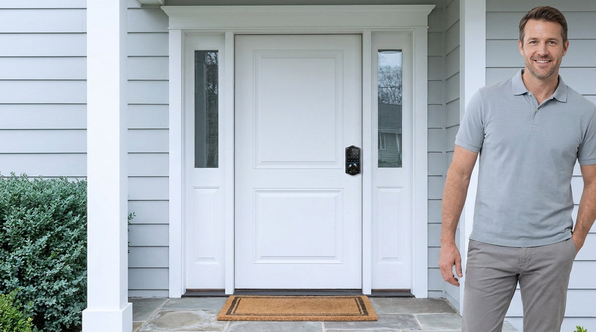 Homeowner beside a white front door with a VE017 keypad smart lock - keyless entry instead of a key lockbox