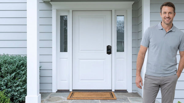 Homeowner beside a white front door with a VE017 keypad smart lock - keyless entry instead of a key lockbox