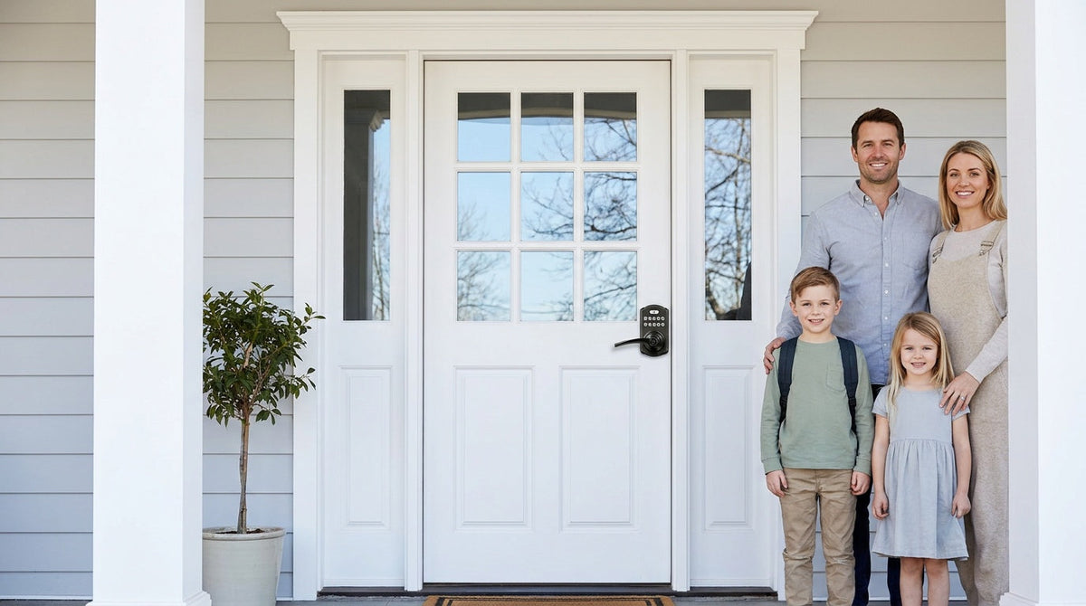 Family of four at a white front door with a Veise keypad lever lock — one code for every door, keyless entry