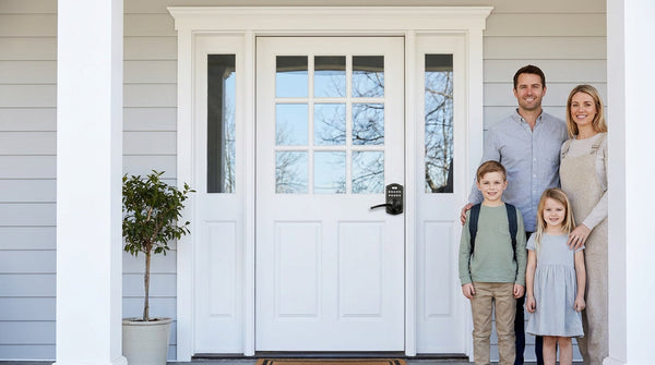 Family of four at a white front door with a Veise keypad lever lock — one code for every door, keyless entry