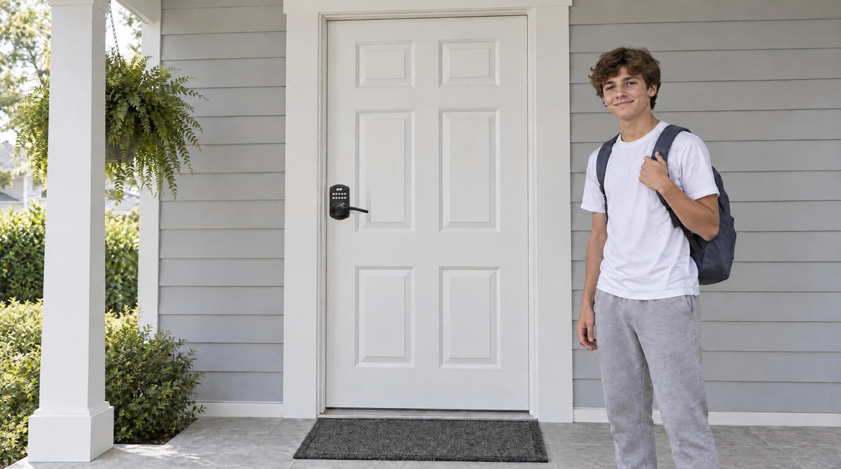 Teen with a backpack at a white front door with a KS04 keypad lever lock - keyless door knobs and levers for home entry