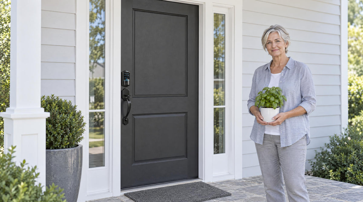 Woman with a potted basil at a black front door with a VE027 smart deadbolt and grip handleset - keyless entry door lock