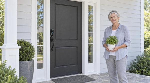 Woman with a potted basil at a black front door with a VE027 smart deadbolt and grip handleset - keyless entry door lock