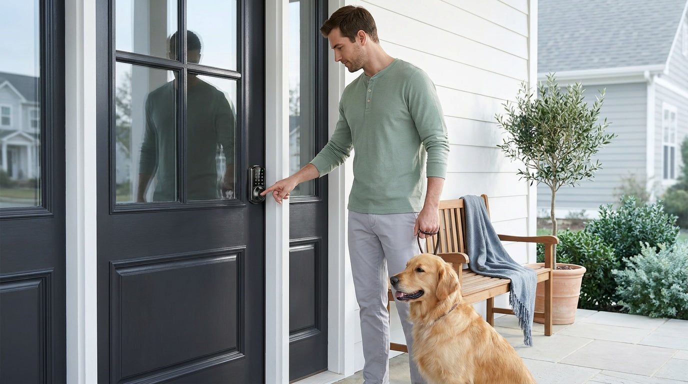 Man with a dog pressing a fingerprint smart lock at a black front door — keyless entry for a key-free home