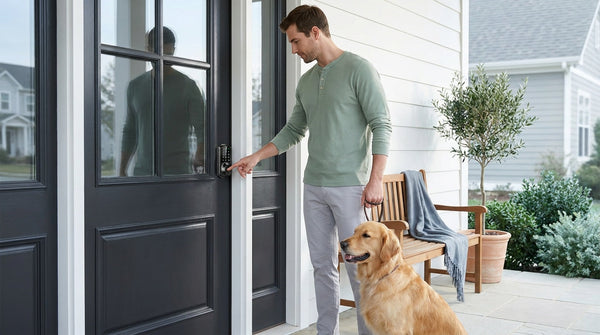 Man with a dog pressing a fingerprint smart lock at a black front door — keyless entry for a key-free home