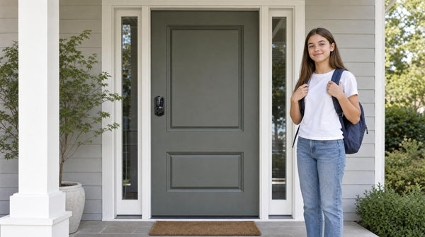 Teen with a backpack at a grey-green front door with a VE07 fingerprint deadbolt - keyless front door lock