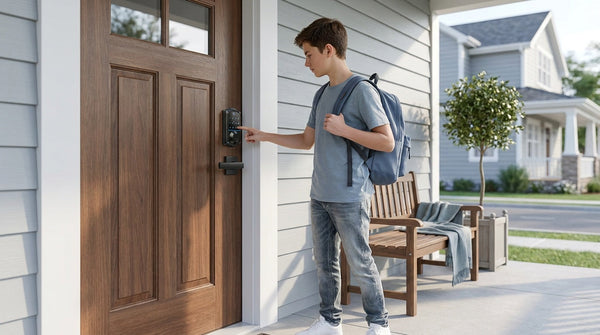 Teen with backpack using keypad deadbolt at walnut wood front door — keypad deadbolt lock complete buyer's guide