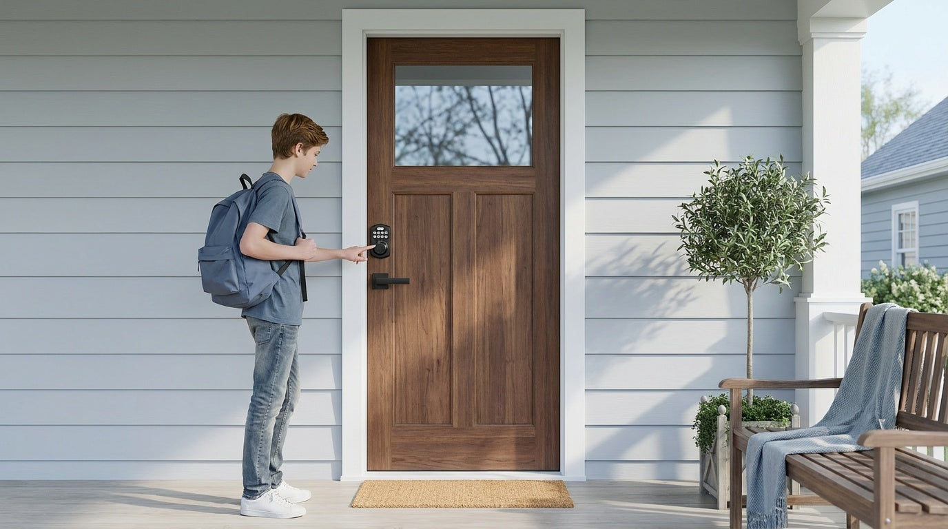 Teen with backpack using keypad deadbolt at walnut wood front door — keypad deadbolt lock complete buyer's guide