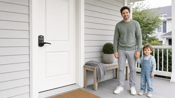 Father and toddler at a white front door with a Veise KS04 keypad lever lock - keyless entry, home security