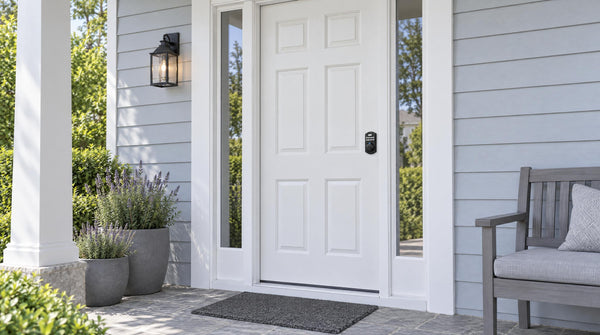 White front door with a KS02A keypad fingerprint deadbolt - keypad door lock with deadbolt for keyless home security