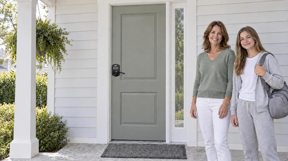 Mother and daughter at a grey-green front door with a KS04 keypad lever lock - keypad door lock with handle for keyless entry