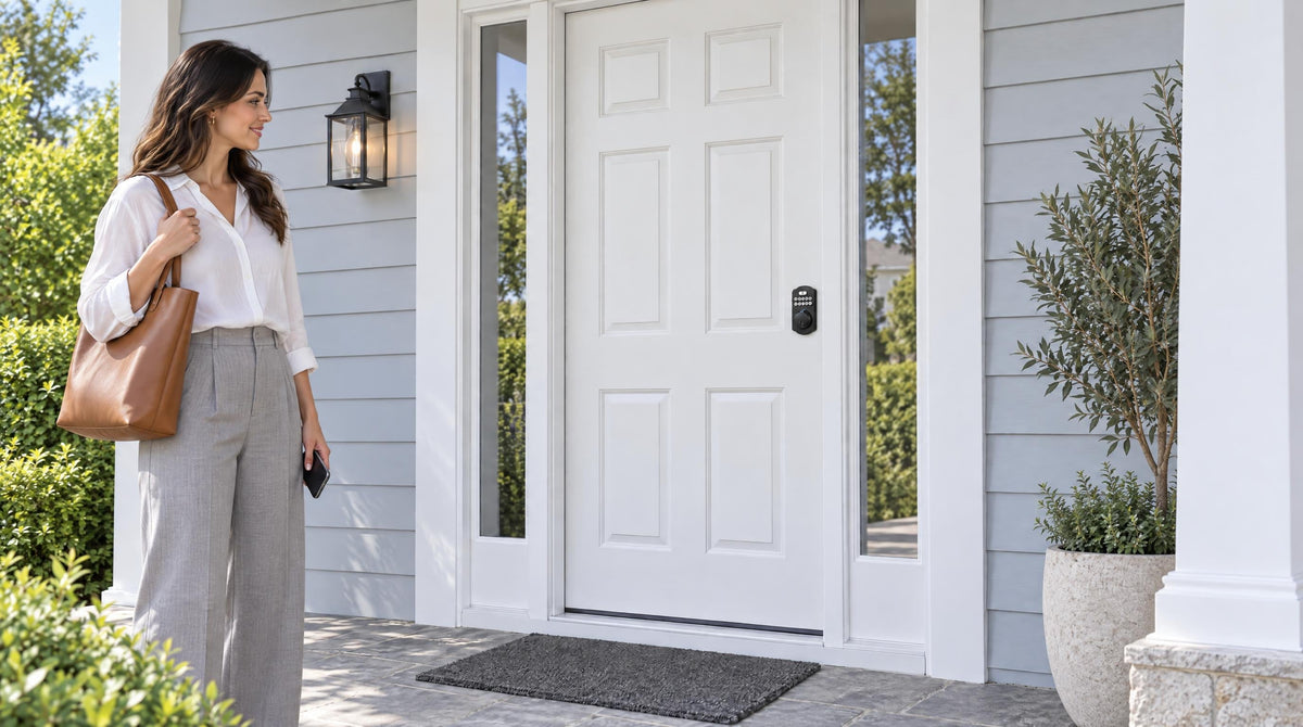 Woman with a tote beside a white six-panel door with a KS02A keypad deadbolt - keypad lock not working troubleshooting