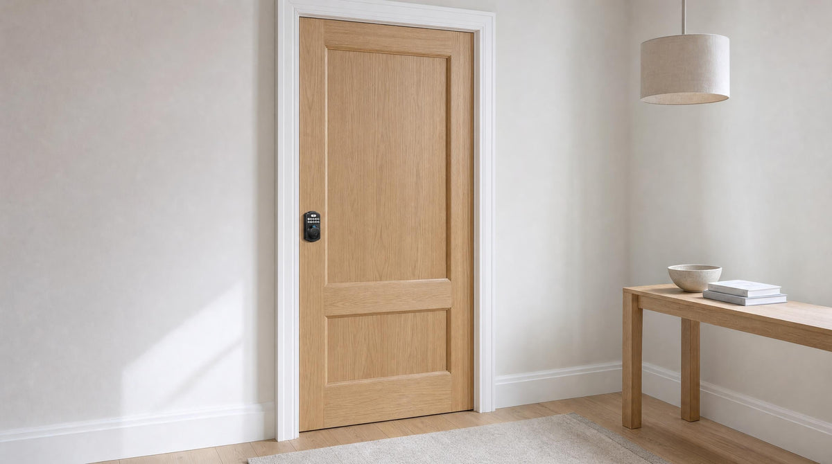 KS02A keypad deadbolt on a pale oak bedroom door - keypad lock for bedroom doors with fingerprint and PIN entry