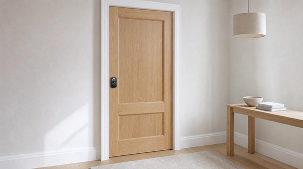 KS02A keypad deadbolt on a pale oak bedroom door - keypad lock for bedroom doors with fingerprint and PIN entry