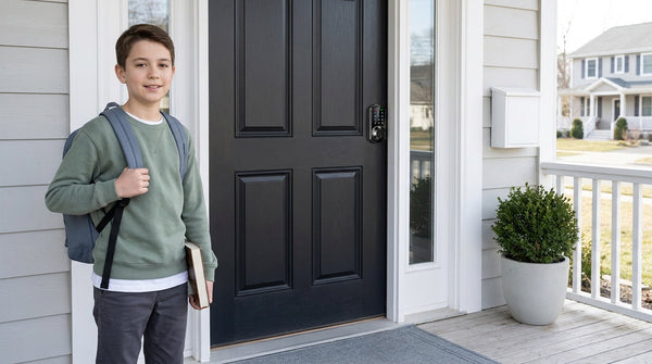 Latchkey kid home alone arriving at a front door with a Veise fingerprint smart lock — keyless entry, home security