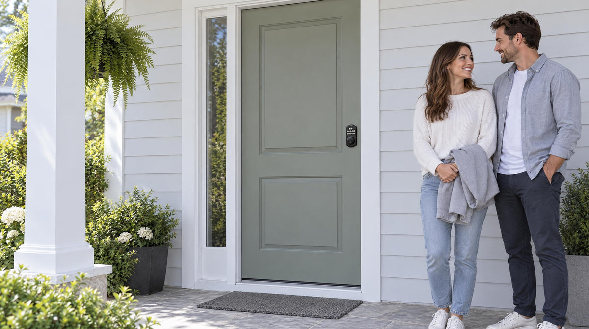 Couple at a grey-green front door with a KS02A keypad fingerprint deadbolt - how to lock a door from the inside