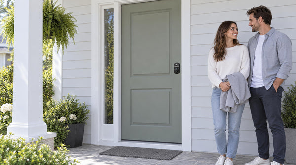 Couple at a grey-green front door with a KS02A keypad fingerprint deadbolt - how to lock a door from the inside