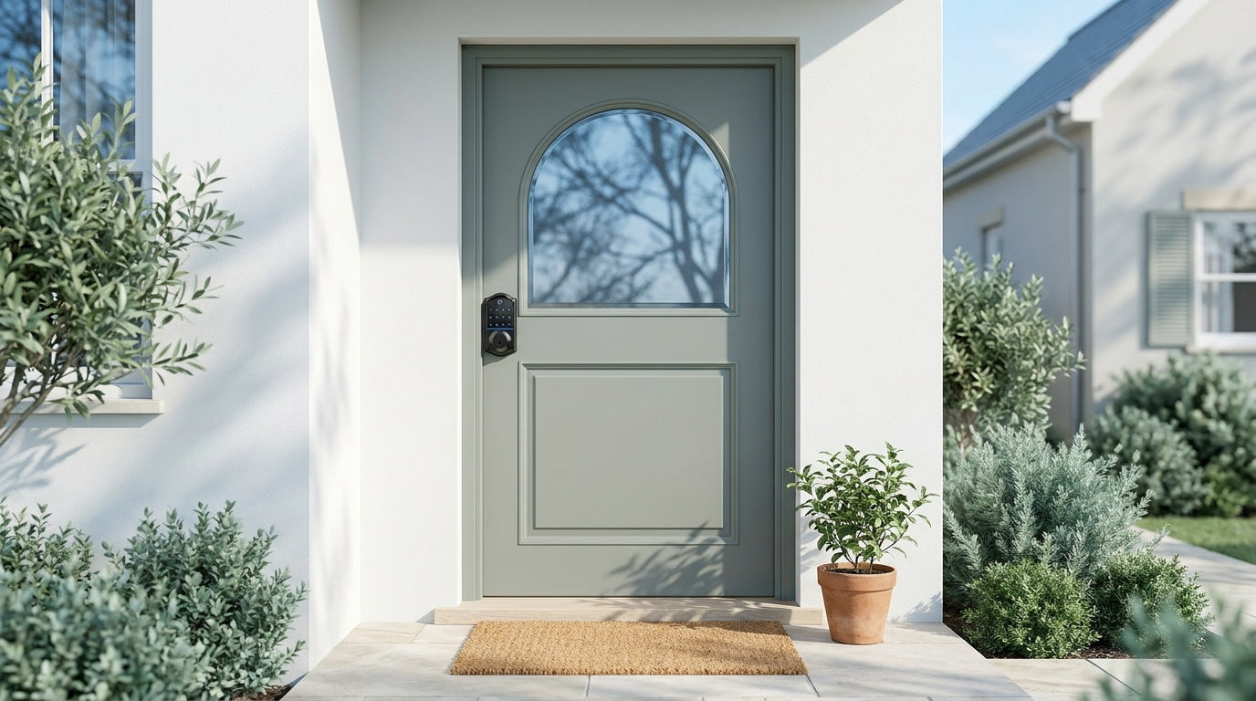 ANSI Grade 3 keypad smart deadbolt on a grey-green front door — certified residential lock security and keyless entry
