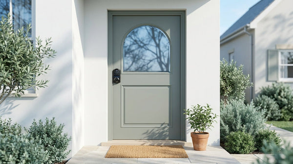 ANSI Grade 3 keypad smart deadbolt on a grey-green front door — certified residential lock security and keyless entry
