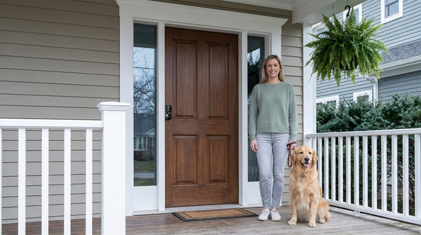 Woman and her dog at a walnut front door with a fingerprint smart lock — no more lockouts, keyless entry