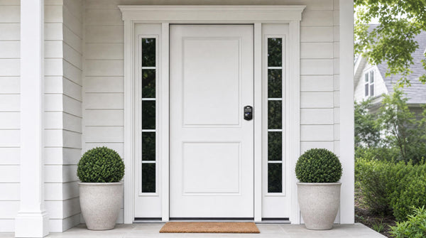 White front door fitted with a matte black KS02A keypad fingerprint deadbolt - keyless entry, home security