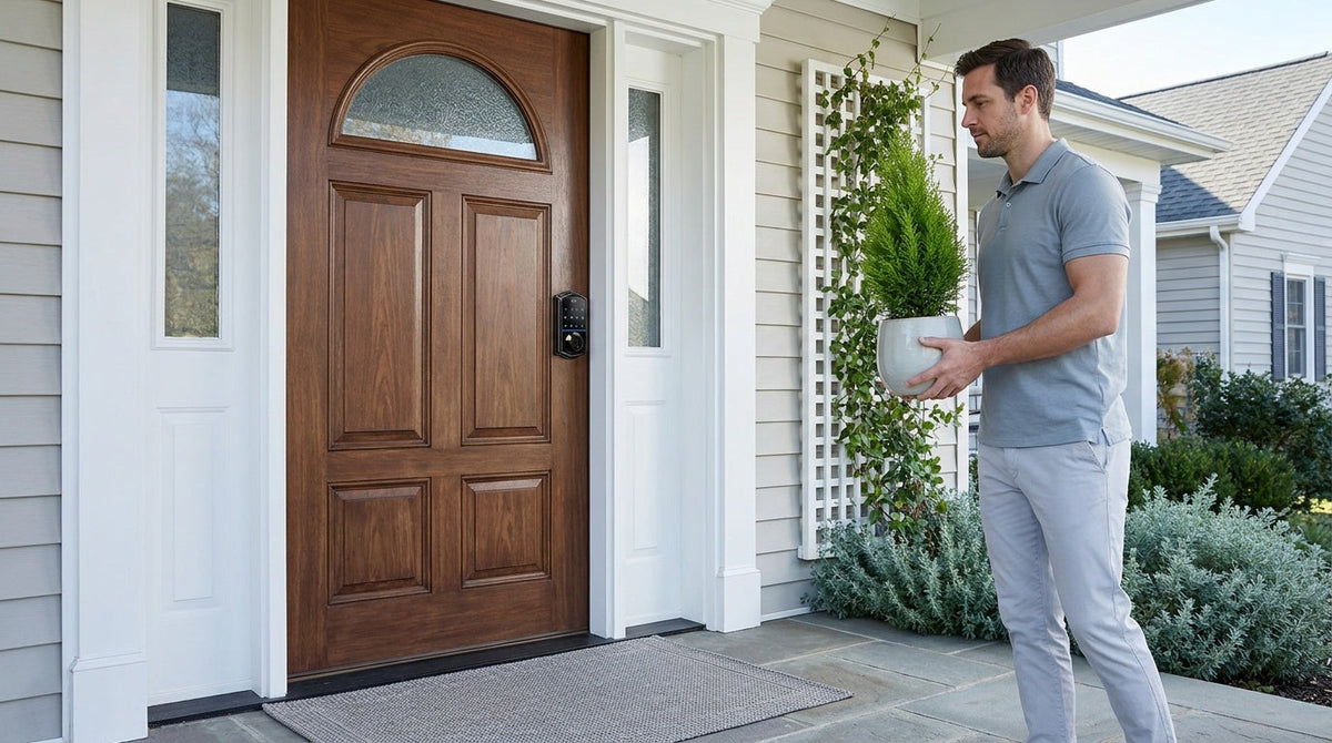 Walnut front door with a Veise fingerprint keypad smart deadbolt — keyless entry upgrade from a traditional deadbolt