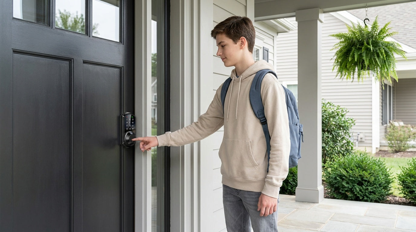 Teen entering a personal code on a fingerprint keypad smart lock at a black front door — multi-user keyless entry