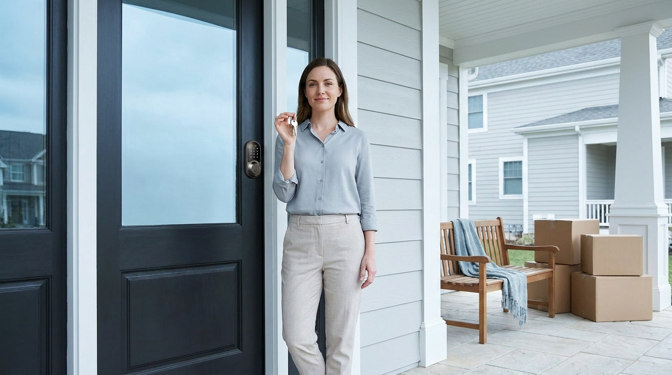 New homeowner with keys at a black front door with a keypad smart lock — change your locks for home security