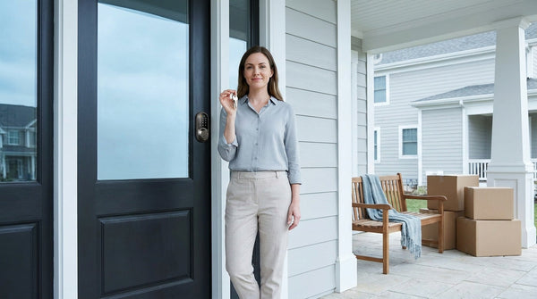 New homeowner with keys at a black front door with a keypad smart lock — change your locks for home security