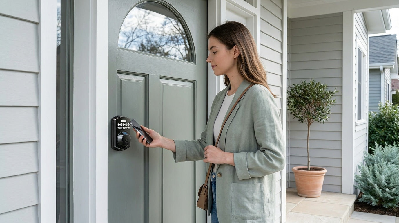 Woman tapping a phone on an NFC smart lock at a grey-green front door — keyless entry and home security