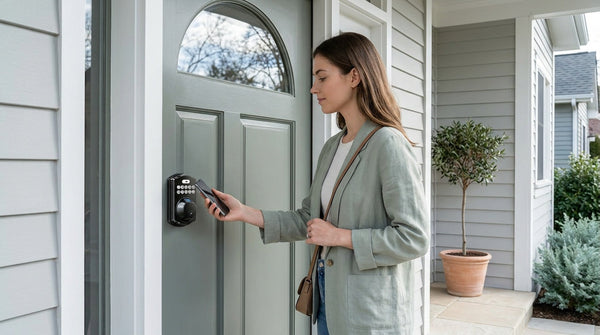Woman tapping a phone on an NFC smart lock at a grey-green front door — keyless entry and home security