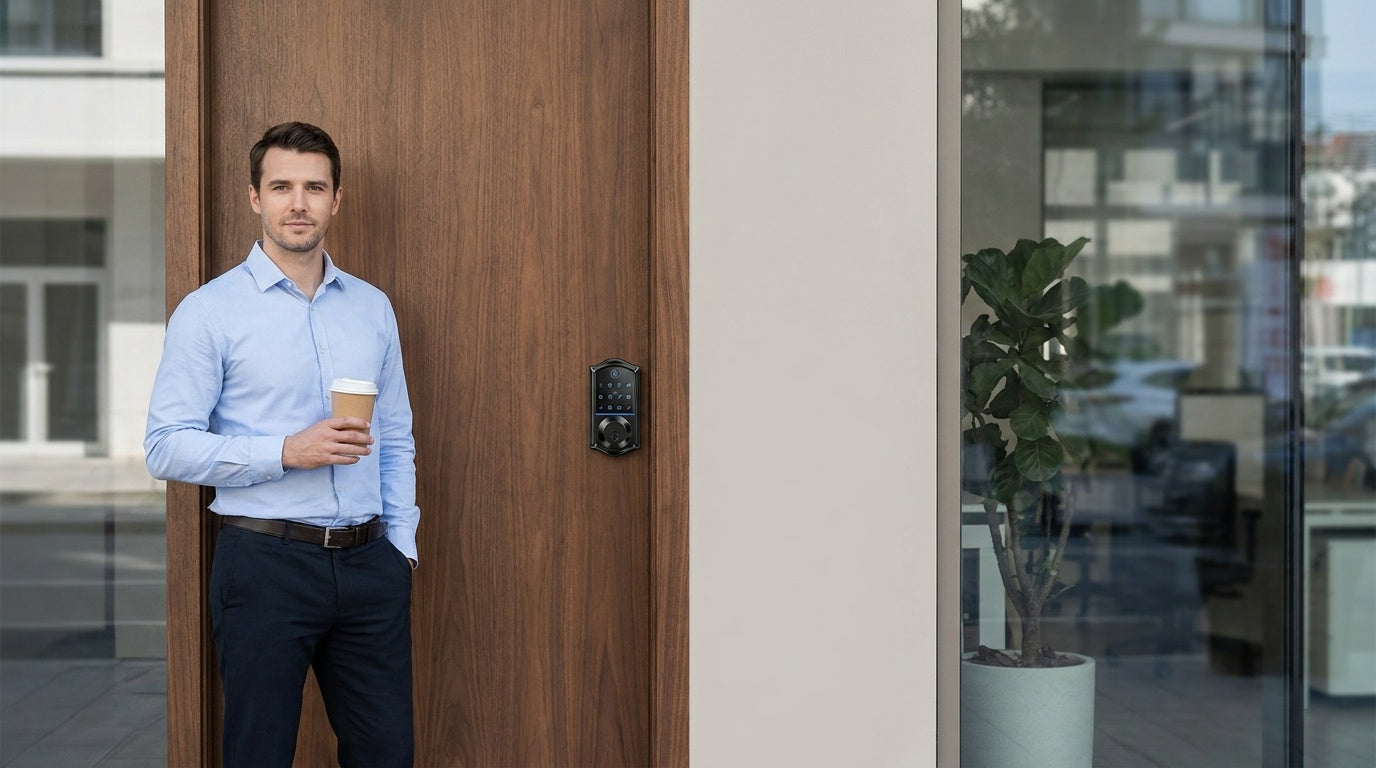 Professional at a walnut office door with a Veise fingerprint smart lock — keyless office access control