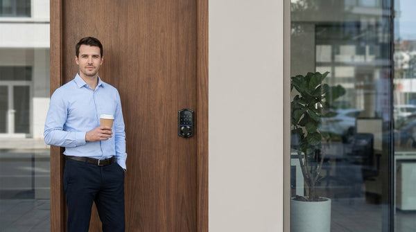 Professional at a walnut office door with a Veise fingerprint smart lock — keyless office access control