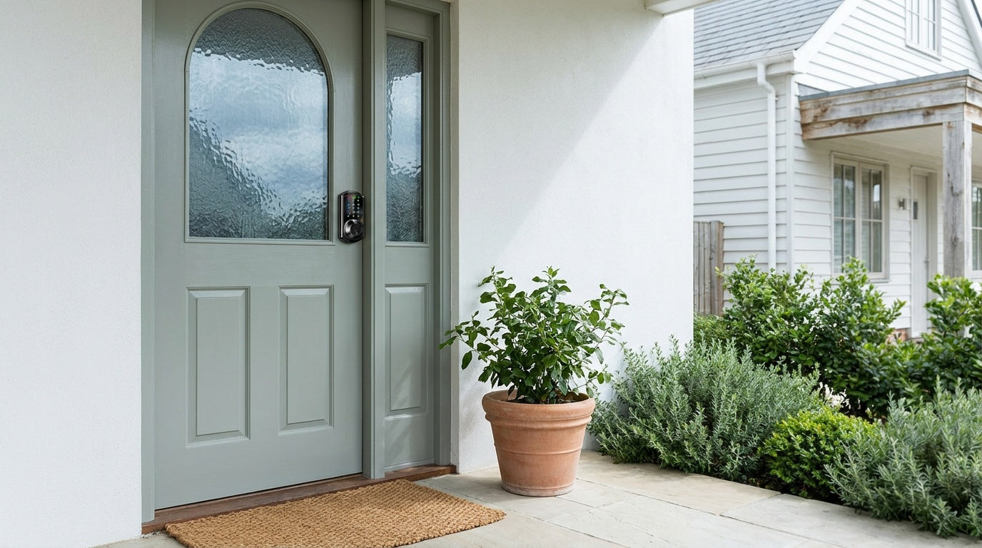 Weatherproof fingerprint smart lock on a grey-green front door — outdoor keyless entry home security