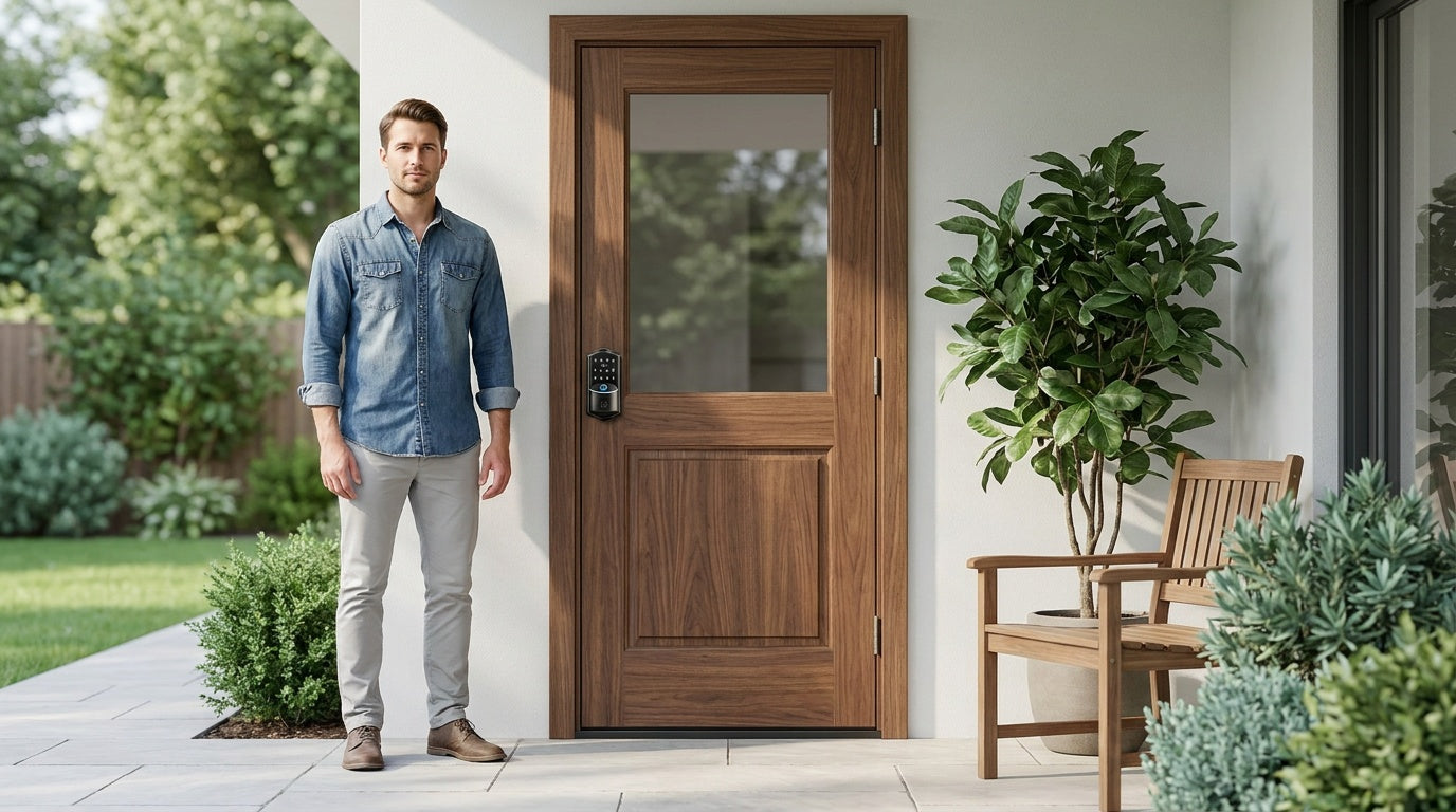 Man beside a closed walnut patio door with a Veise Wi-Fi fingerprint smart deadbolt — keyless entry security