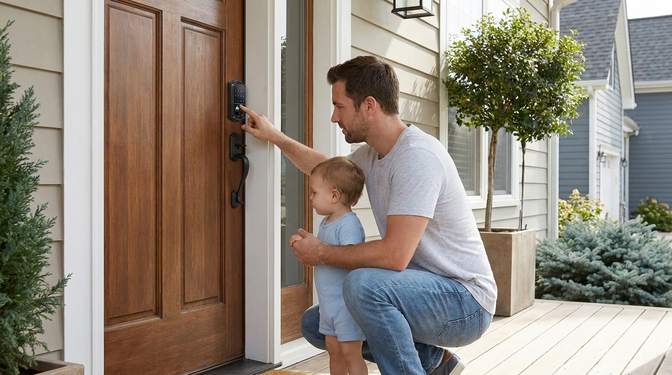 Dad entering a code on a keypad smart lock at a walnut front door while his toddler watches — keyless entry setup