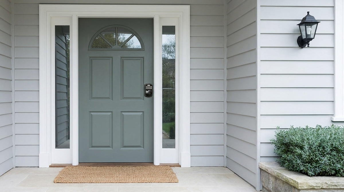 Grey-green front door with a KS02A push button door lock - keypad code entry, fingerprint unlock, home security