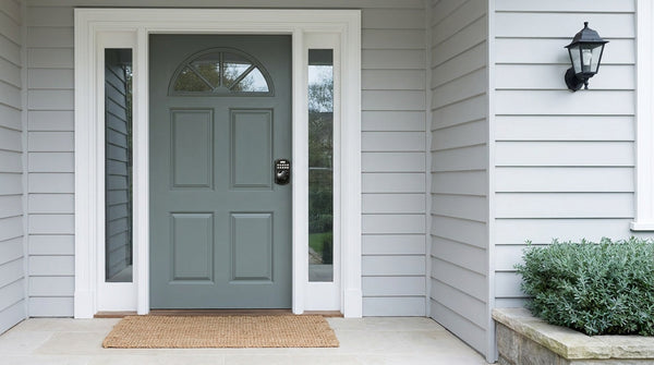 Grey-green front door with a KS02A push button door lock - keypad code entry, fingerprint unlock, home security
