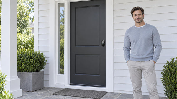 Man at a black front door with a KS02A keypad fingerprint deadbolt - rekey a lock or upgrade to a keyless smart lock
