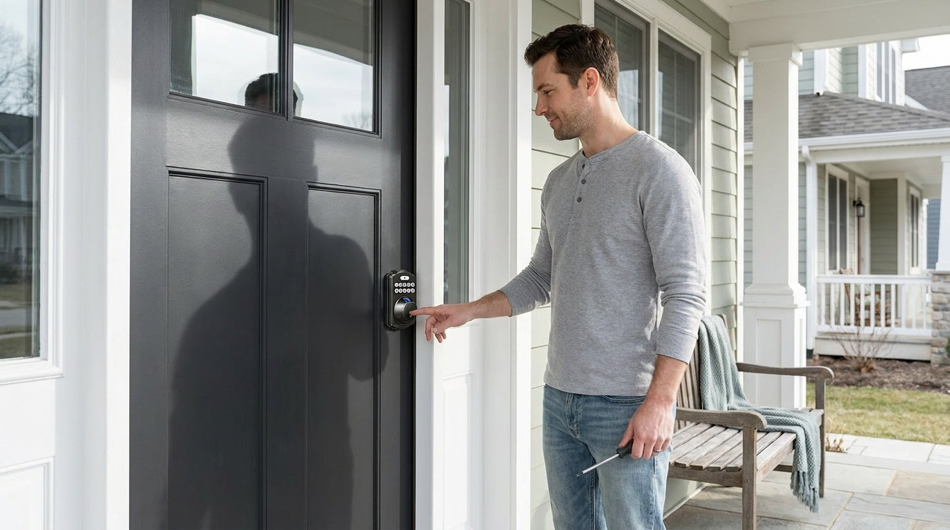 Man testing a new keypad fingerprint deadbolt after replacing his front door lock — keyless entry security