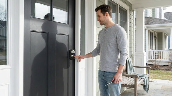 Man testing a new keypad fingerprint deadbolt after replacing his front door lock — keyless entry security