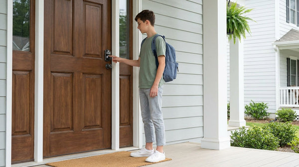 Teen with backpack pressing Veise Wi-Fi smart lock keypad at walnut front door — smart lock battery replacement guide