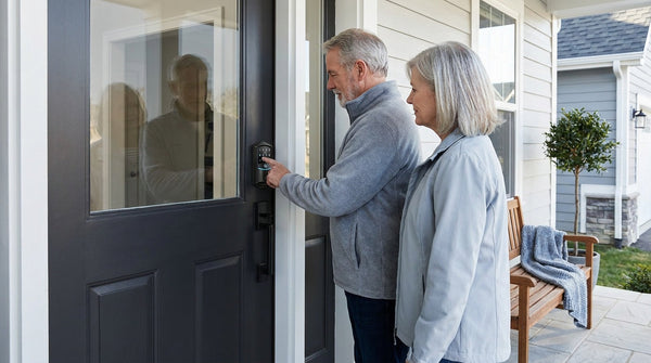 Retiree couple entering a code on a keypad smart lock at a dark front door — keyless entry after a lock reset