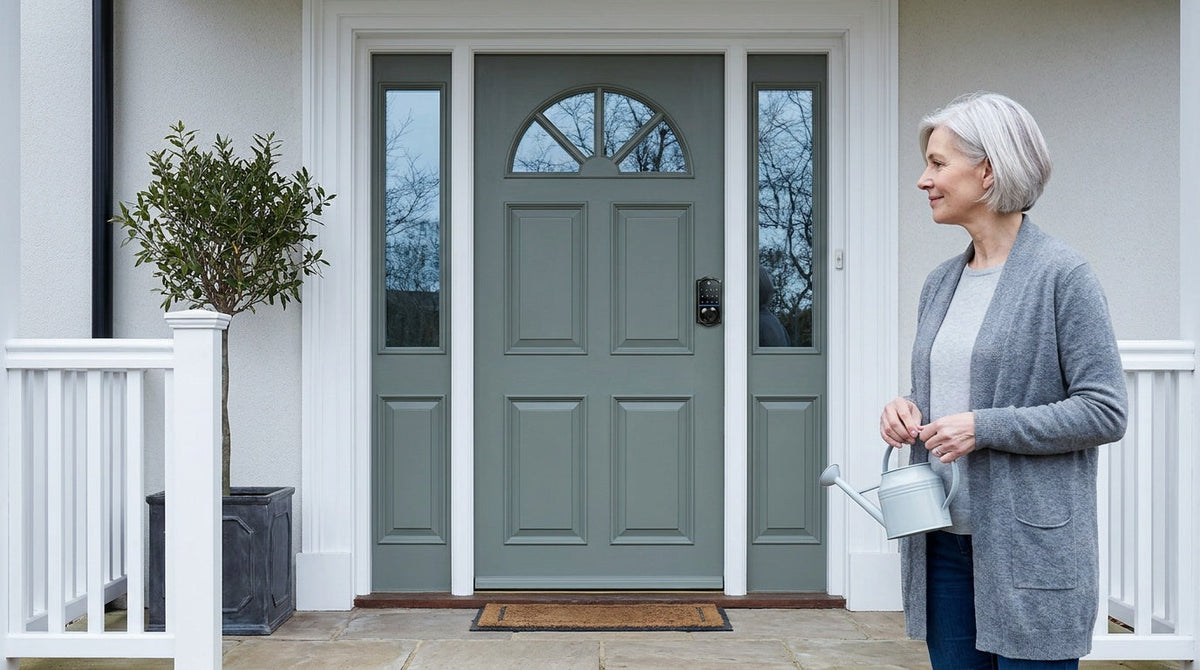 Neighbour with a watering can at a grey-green door with a fingerprint smart lock — share access without keys
