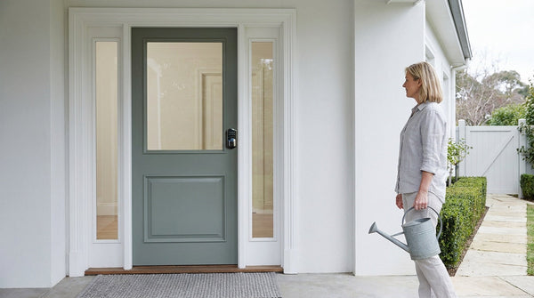 Woman beside a glass-panel front door with a Veise smart deadbolt — single vs double cylinder security